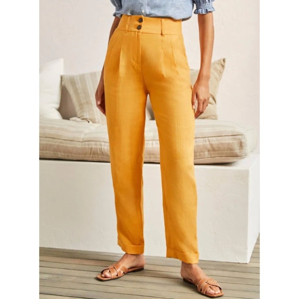 Boden Women's Turn up Linen Trousers Pants US 10L UK 14L RO069 SUN Yellow‎ NWT